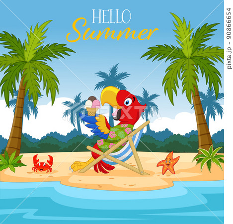 Cartoon parrot eating ice cream on a tropical island 90866654