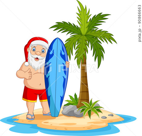 Cartoon santa claus holding a surfboard in the tropical island 90866663
