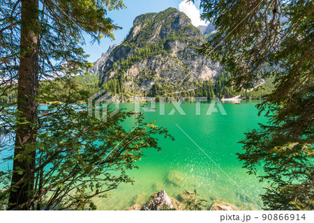 Pragser Wildsee or Lago di Braies and Mountain range of Sasso del Signore - Trentino Italy Pragser Wildsee or Lago di Braies and Mountain range of Sasso del Signore - Trentino Italy 90866914