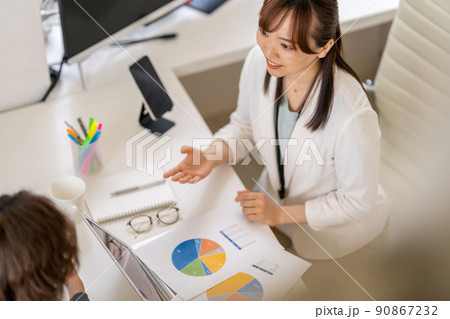 営業　相談　契約　説明　販売　運用　相続　投資　接客　来客　打合せ　円グラフ　俯瞰 90867232