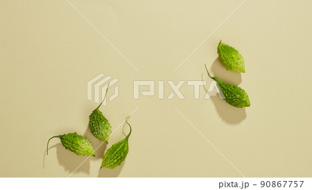 Top view of bittermelon in petri dish and green leaf with blank space colored background 90867757