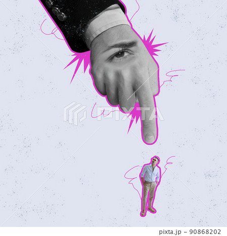 Contemporary art collage. Conceptual image. Giant human hand with eye pointing at young man, making control over actions Contemporary art collage. Conceptual image. Giant human hand with eye pointing at young man, making control over actions 90868202