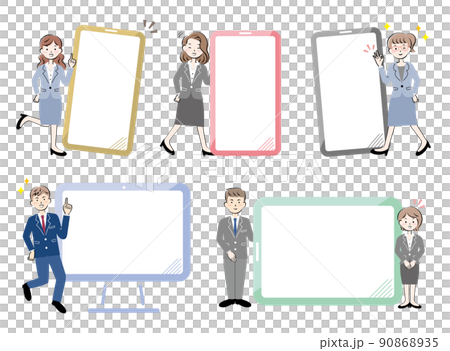 デバイス・pcとスーツ姿の男女のフレーム　笑顔　 90868935