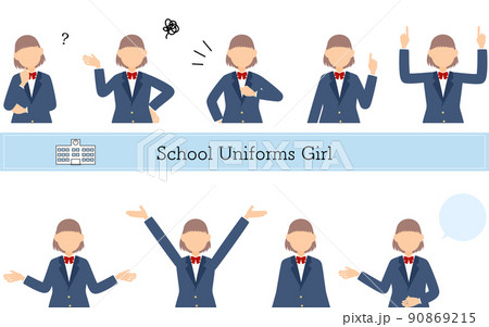 女子生徒、ブレザーの制服ポーズセット、疑問・悩む・引き受ける・指さしetc 女子生徒、ブレザーの制服ポーズセット、疑問・悩む・引き受ける・指さしetc 90869215