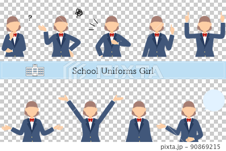 女子生徒、ブレザーの制服ポーズセット、疑問・悩む・引き受ける・指さしetc 女子生徒、ブレザーの制服ポーズセット、疑問・悩む・引き受ける・指さしetc 90869215