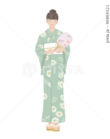 うちわを手に持ち花柄の浴衣を着て微笑む女性 うちわを手に持ち花柄の浴衣を着て微笑む女性 90869321