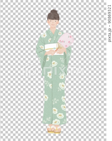 うちわを手に持ち花柄の浴衣を着て微笑む女性 うちわを手に持ち花柄の浴衣を着て微笑む女性 90869321