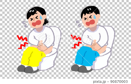 便座に座る腹痛の私服男女（手書きカラー） 90870003