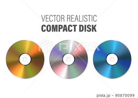 Vector 3d Realistic Multicolor, Golden, Silver, Blue CD, DVD Set Closeup Isolated. CD Design Template for Mockup, Copy Space. Compact Disk Icon, Top View 90870099
