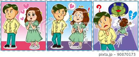 A three-frame cartoon of a woman who runs away by activating the frog phenomenon as soon as she is turned to favor even though she has a crush A three-frame cartoon of a woman who runs away by activating the frog phenomenon as soon as she is turned to favor even though she has a crush 90870173