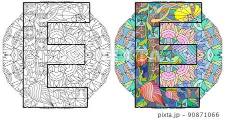Letter E monogram, engraving design on mandala. Vector illustration for coloring. Color and outline set 90871066