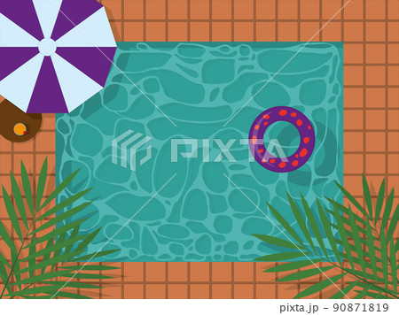 Hotel swimming pool, sun umbrella and swimming ring view from above vector illustration 90871819