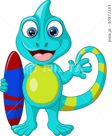 Cute chameleon cartoon holding a surfboard 90872233