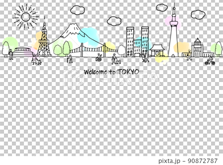 東京旅遊目的地和人物的簡單線條畫插圖 90872787