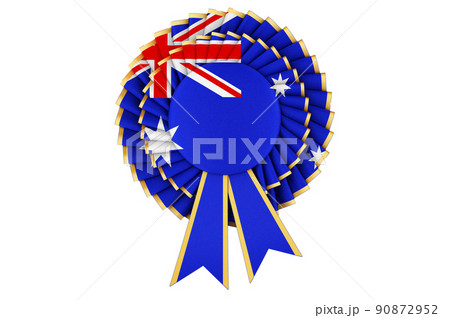 Australian flag painted on the award ribbon rosette. 3D rendering Australian flag painted on the award ribbon rosette. 3D rendering 90872952