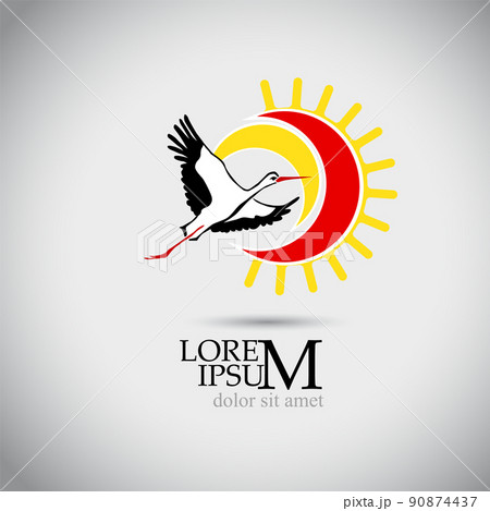 Flying stork and sun. Vector illustration. Flying stork silhouette logo. 90874437