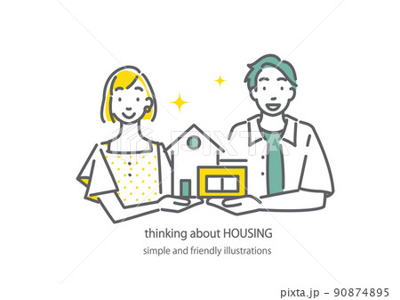 マイホーム購入を考える若いカップル　シンプルでお洒落な線画イラスト 90874895