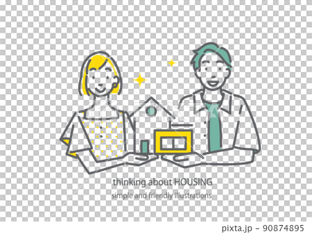 一對年輕夫婦想買自己的房子 簡單而時尚的線條畫插圖 90874895