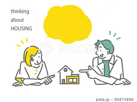 マイホーム購入を考える若いカップル　シンプルでお洒落な線画イラスト 90874896