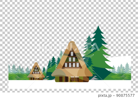 A beautiful mountain village with a gassho-zukuri, an old Japanese folk house 90875577