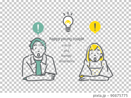 一對年輕夫婦驚訝地向前傾。簡單而時尚的線條畫插圖。 90875775