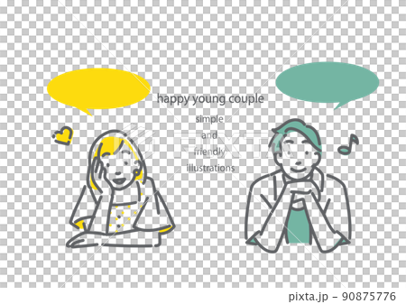 頬杖をついておしゃべりをする若いカップル　シンプルでお洒落な線画イラスト 90875776