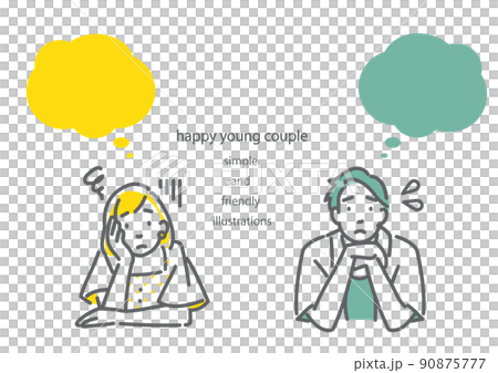 頬杖をついている若いカップル　シンプルでお洒落な線画イラスト 90875777