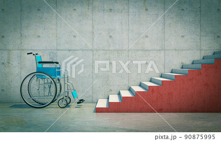 wheelchair for the disabled in front of a long flight of red stairs. wheelchair for the disabled in front of a long flight of red stairs. 90875995