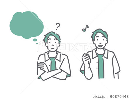 考える男性と問題解決済みの男性　セット　シンプルでお洒落な線画イラスト 90876448