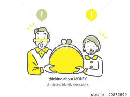 貯蓄について考えるシニア夫婦　シンプルでお洒落な線画イラスト 90876649