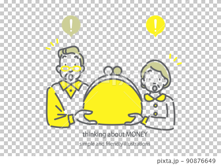 貯蓄について考えるシニア夫婦　シンプルでお洒落な線画イラスト 90876649