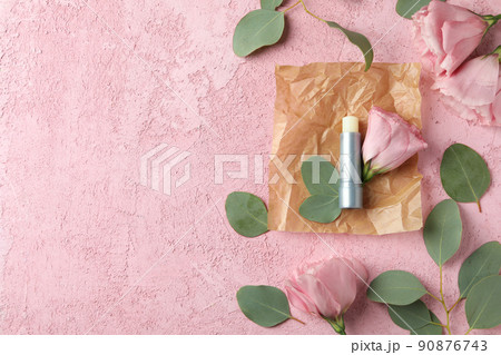 Concept of cosmetic with eco hygienic lipstick on pink background Concept of cosmetic with eco hygienic lipstick on pink background 90876743