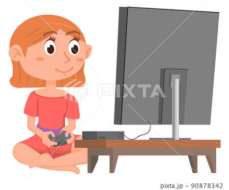 Girl playing games on video console. Cute gamer Girl playing games on video console. Cute gamer 90878342