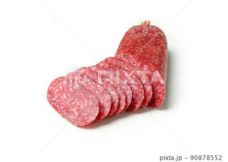 Slicing sausage salami isolated on white background 90878552