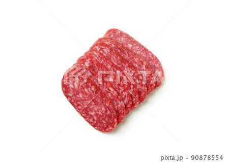 Slicing sausage salami isolated on white background Slicing sausage salami isolated on white background 90878554