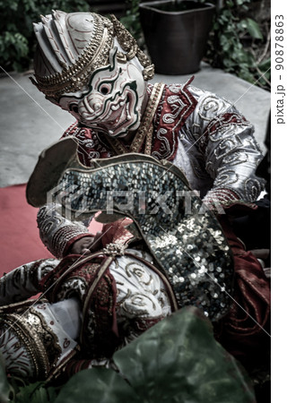 Traditional Puppet of Hanuman in Ramakien or Ramayana Story with thai puppeteers from Ramayana epic story at Baan Silapin (Artist House) in klong bang luang floating market. 90878863
