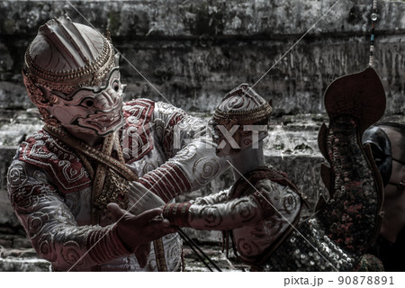 Traditional Puppet of Hanuman in Ramakien or Ramayana Story with thai puppeteers from Ramayana epic story at Baan Silapin (Artist House) in klong bang luang floating market. 90878891