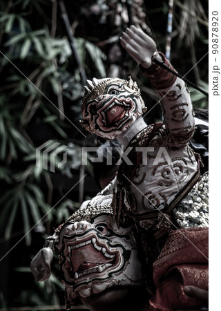 Traditional Puppet of Hanuman in Ramakien or Ramayana Story with thai puppeteers from Ramayana epic story at Baan Silapin (Artist House) in klong bang luang floating market. 90878920
