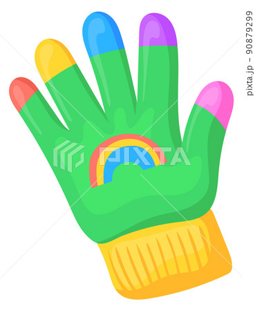 Funny glove with rainbow color knit fingers. Cartoon icon Funny glove with rainbow color knit fingers. Cartoon icon 90879299