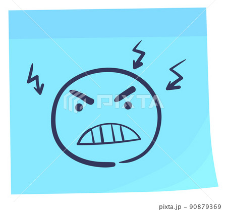 Blue sticky note with angry face drawing. Sticker with doodle 90879369