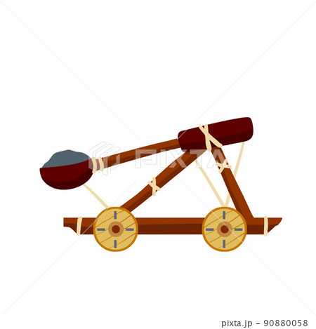 Catapult. Ancient weapons for the siege of the fortress. Wooden medieval artillery ballista. 90880058