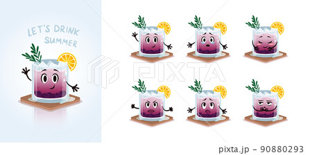 Cold summer drink. Cartoon lemonade character with hands emotions set. Cocktail with ice, lemon and blueberries. Mascot for advertisign 90880293