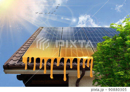 Solar panel, photovoltaic, alternative electricity source. Golden solar energy panels concept of sustainable resources. 90880305