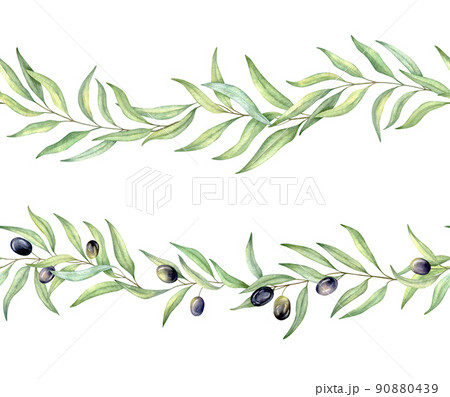 Watercolor seamless border with black olive, branch and leaves. Hand drawn watercolor illustration. Decorative design elements. 90880439