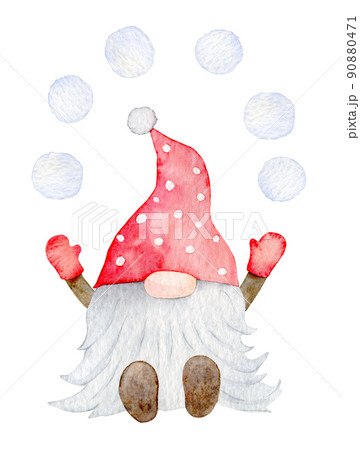 Adorable Christmas Gnome,  scandinavian elf with snowballs, watercolor illustration on an isolated white background  90880471