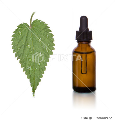 Nettle leaf extract in a brown bottle - isolated on white background. Nettle leaf extract in a brown bottle - isolated on white background. 90880972