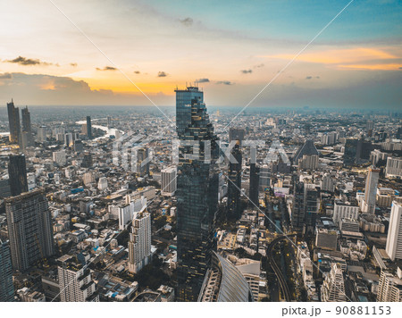 Aerial view of King Power Mahanakhon tower in Sathorn Silom central business district of Bangkok Aerial view of King Power Mahanakhon tower in Sathorn Silom central business district of Bangkok 90881153