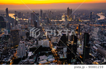 Aerial view of King Power Mahanakhon tower in Sathorn Silom central business district of Bangkok Aerial view of King Power Mahanakhon tower in Sathorn Silom central business district of Bangkok 90881239