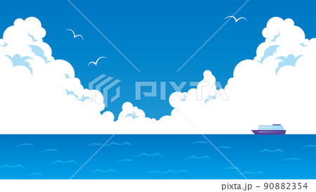 入道雲が広がる青空にカモメが飛び、青い海の沖に船が浮かぶ風景(16:9) 90882354