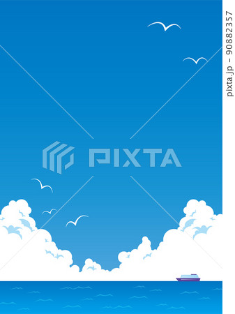 入道雲が広がる青空にカモメが飛び、青い海の沖に船が浮かぶ風景(縦長) 90882357